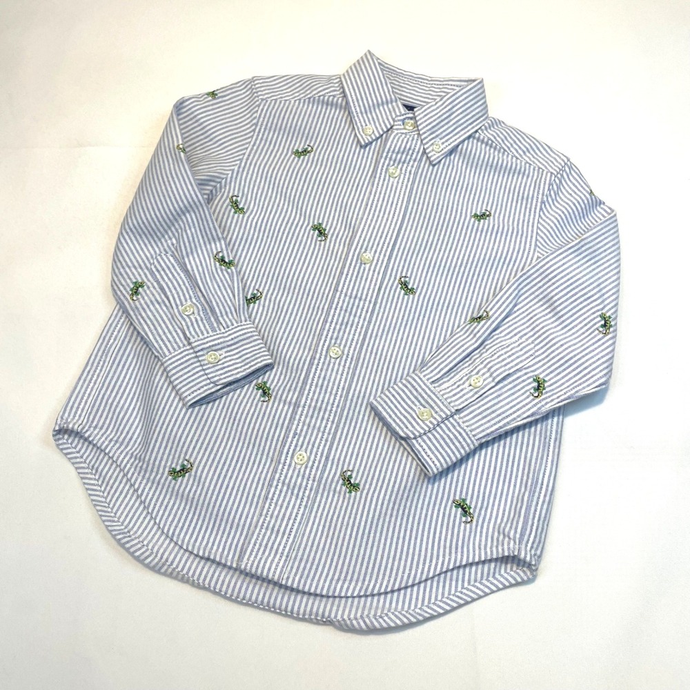 Ralph Lauren Kids‎ Blue White Stripe Lizard Embroidered Button Down Shirt 3/3T - Picture 2 of 11